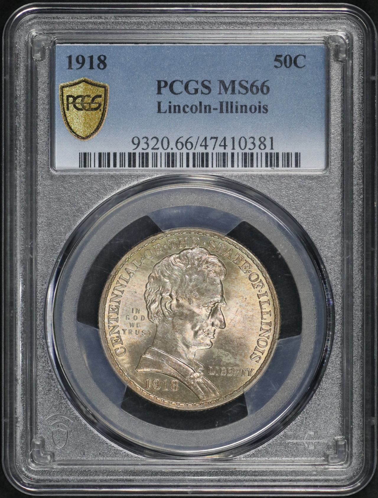 Obverse of this 1918 50C Lincoln-Illinois Silver Commemorative PCGS MS-66