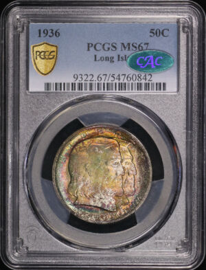 Obverse of this 1936 Silver Commemorative Long Island 50C PCGS MS-67 CAC Rainbow Toning