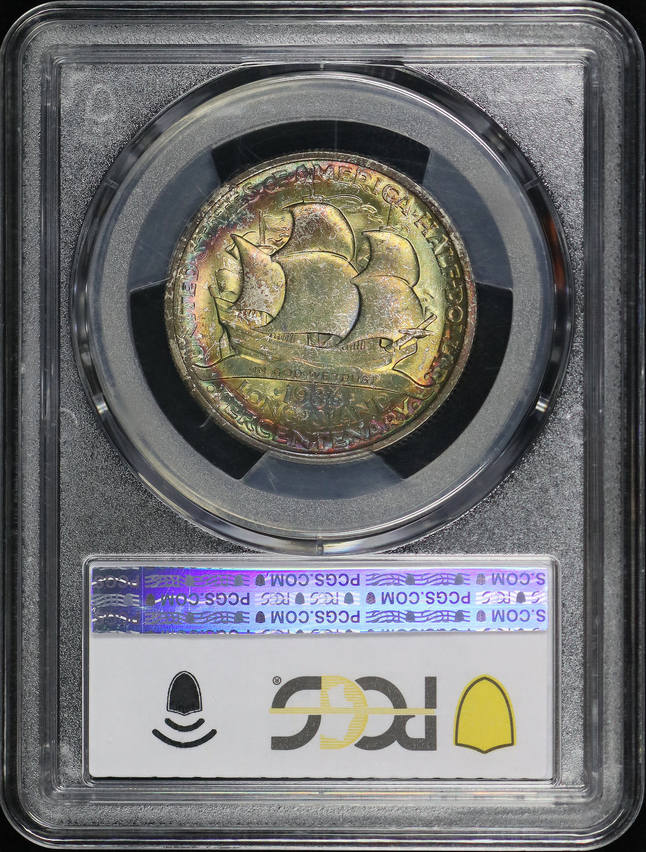 Reverse of this 1936 Silver Commemorative Long Island 50C PCGS MS-67 CAC Rainbow Toning