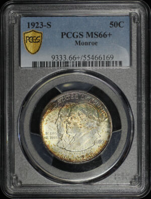 Obverse of this 1923-S Silver Commemorative Monroe 50C PCGS MS-66+