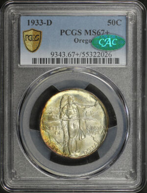 Obverse of this 1933-D Silver Commemorative Oregon 50C PCGS MS-67+ CAC