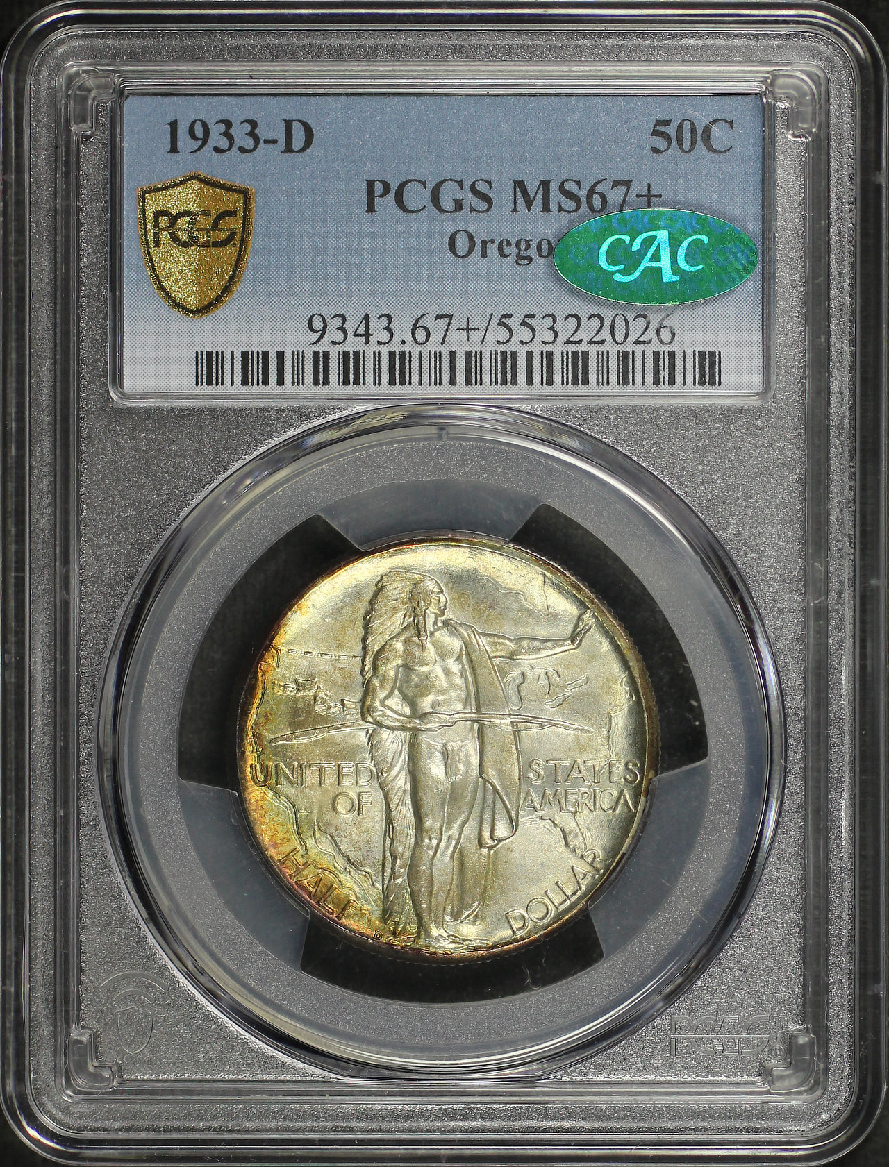 Obverse of this 1933-D Silver Commemorative Oregon 50C PCGS MS-67+ CAC