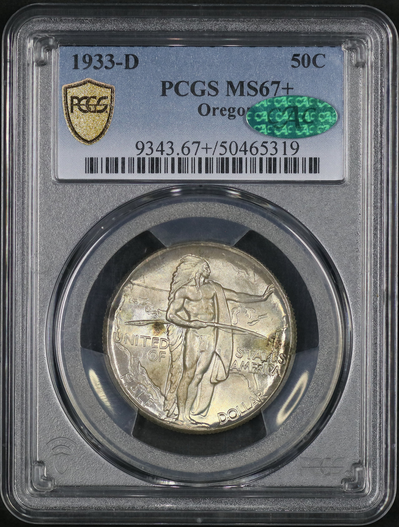 Obverse of this 1933-D 50C Oregon Silver Commemorative PCGS MS-67+ CAC