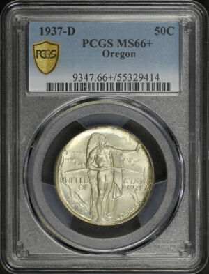 Obverse of this 1937-D Silver Commemorative Oregon 50C PCGS MS-66+
