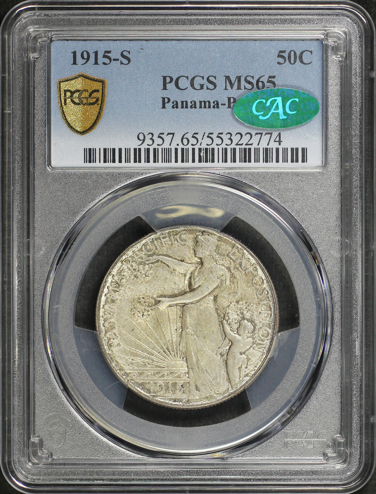 Obverse of this 1915-S Silver Commemorative Panama-Pacific 50C PCGS MS-65 CAC