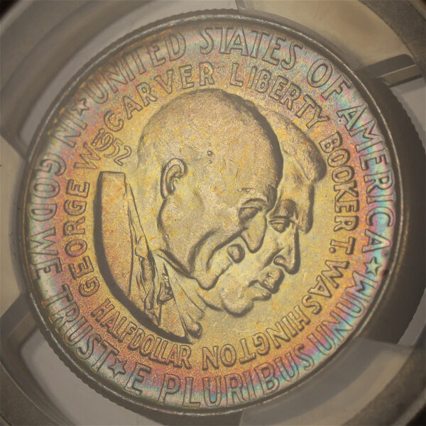 Gallery image of this 1952 50C Washington-Carver Silver Commemorative PCGS MS-66 Vivid Target/Bullseye Neon Toning
