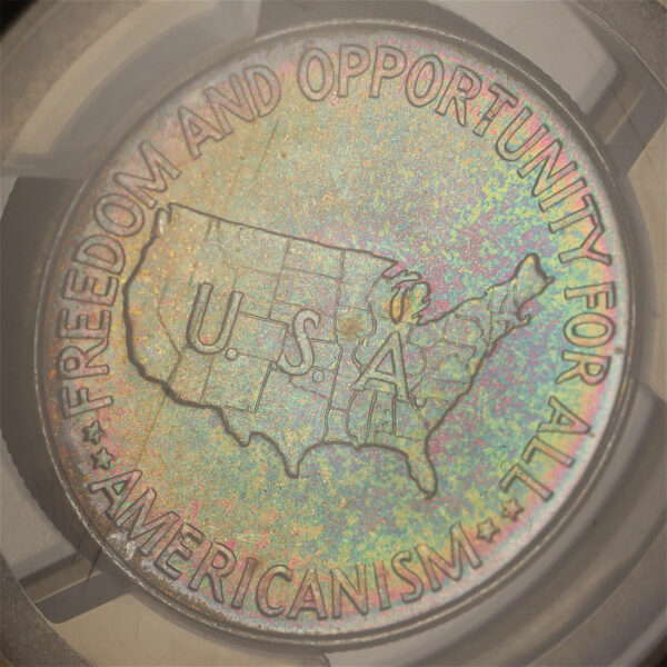 Gallery image of this 1952 50C Washington-Carver Silver Commemorative PCGS MS-66 Vivid Target/Bullseye Neon Toning