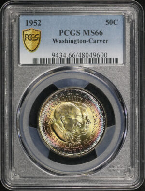 Obverse of this 1952 50C Washington-Carver Silver Commemorative PCGS MS-66 Vivid Target/Bullseye Neon Toning