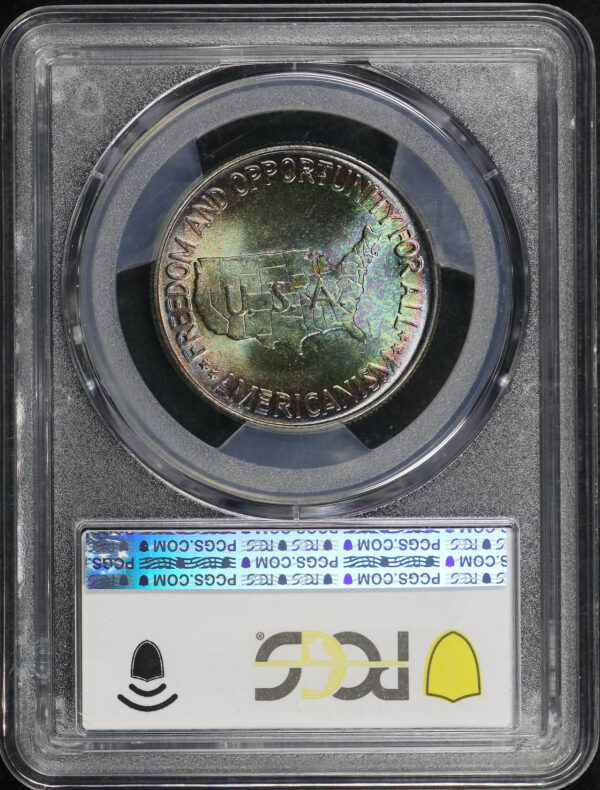 Reverse of this 1952 50C Washington-Carver Silver Commemorative PCGS MS-66 Vivid Target/Bullseye Neon Toning