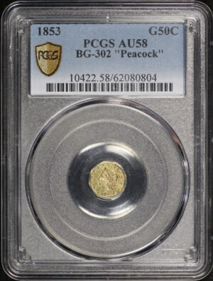 Obverse of this 1853 G50C BG-302 Octagonal Liberty California Fractional Gold “Peacock” PCGS AU-58