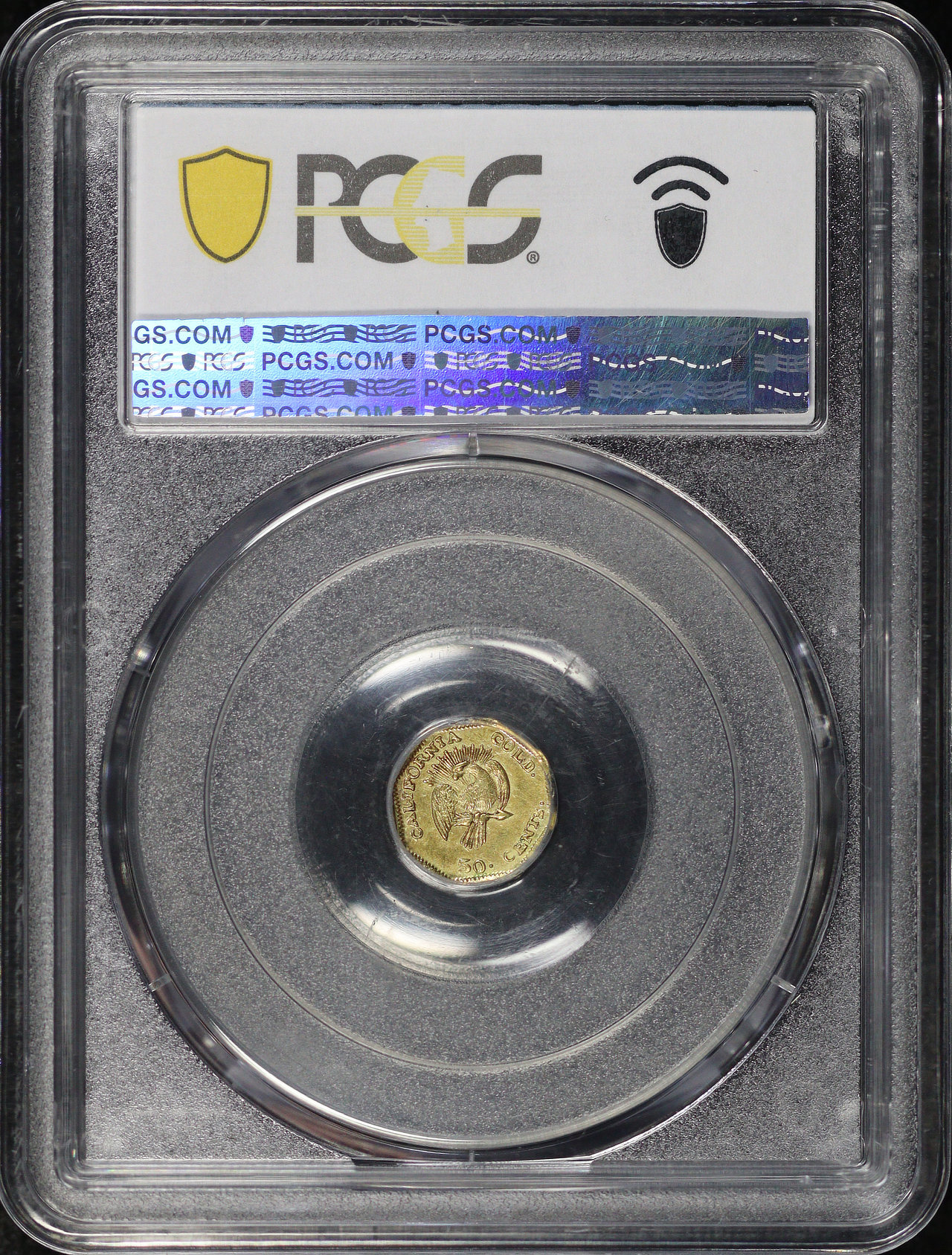 Reverse of this 1853 G50C BG-302 Octagonal Liberty California Fractional Gold “Peacock” PCGS AU-58