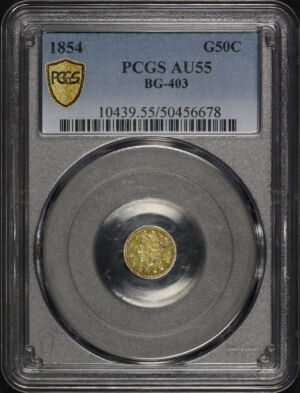 Obverse of this 1854 G50C BG-403 Round Liberty California Fractional Gold PCGS AU-55