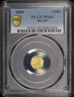 Obverse of this 1869 G50C BG-907 Octagonal Liberty California Fractional Gold PCGS MS-66