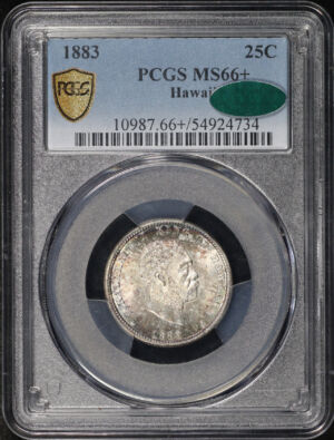 Obverse of this 1883 Liberty Seated Quarter Hawaii PCGS MS-66+ CAC