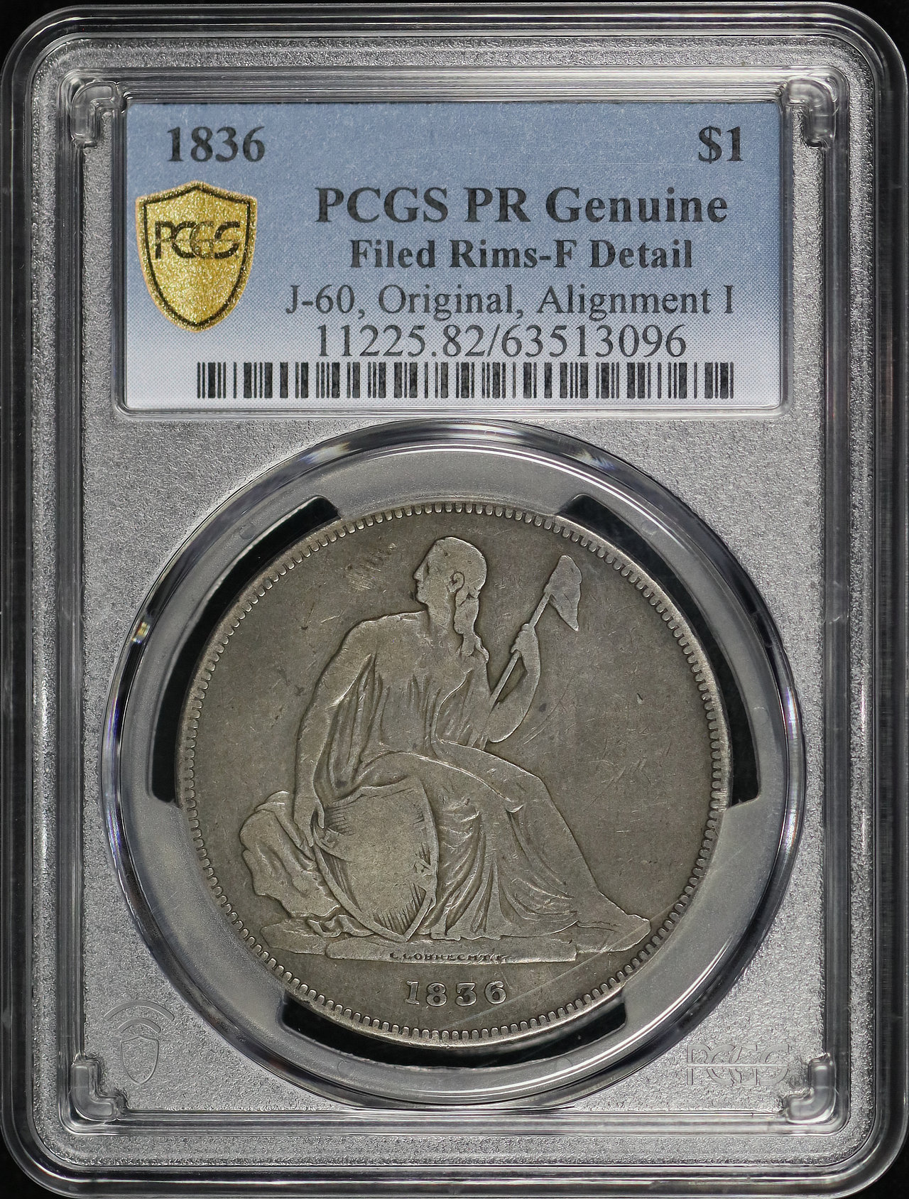 Obverse of this 1836 Liberty Seated Dollar J-60 Pattern Original, Alignment I PCGS PR-F Details Filed Rims