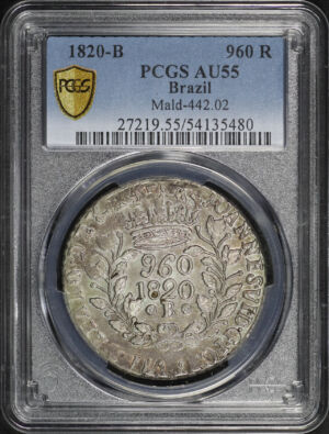 Obverse of this 1820-B Brazil Mald-442.02 960 R PCGS AU-55