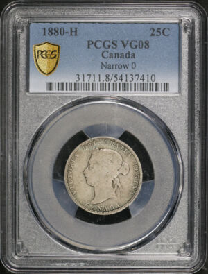 Obverse of this 1880-H Canada Narrow 0 25C PCGS VG-08
