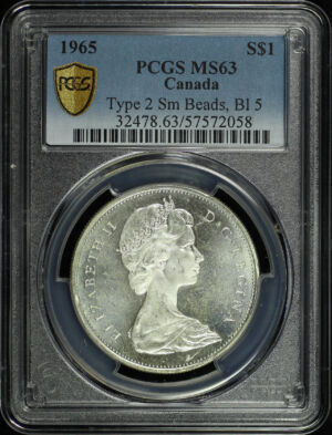 Obverse of this 1965 Canada Silver Type 2 Small Beads, Blunt 5 Dollar KM-64.1 PCGS MS-63