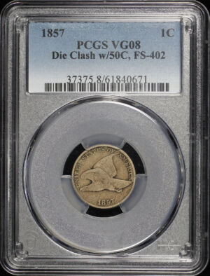 Obverse of this 1857 Flying Eagle Cent PCGS VG-08 Die Clash w/50C, FS-402