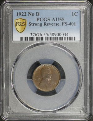 Obverse of this 1922-D No D Lincoln Cent Wheat Strong Reverse FS-401 PCGS AU-55 BN