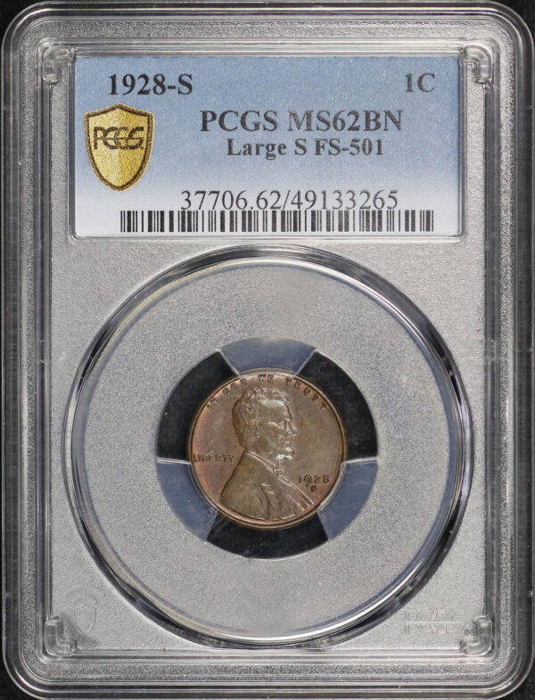 Obverse of this 1928-S Lincoln Cent Wheat Reverse Large S FS-501 PCGS MS-62 BN 