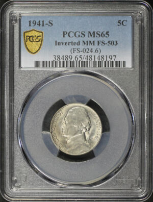 Obverse of this 1941-S Jefferson Nickel Inverted Mintmark FS-503 PCGS MS-65