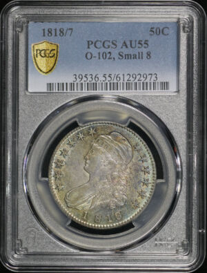 Obverse of this 1818 Capped Bust Half Dollar Small 8, O-102 PCGS AU-55
