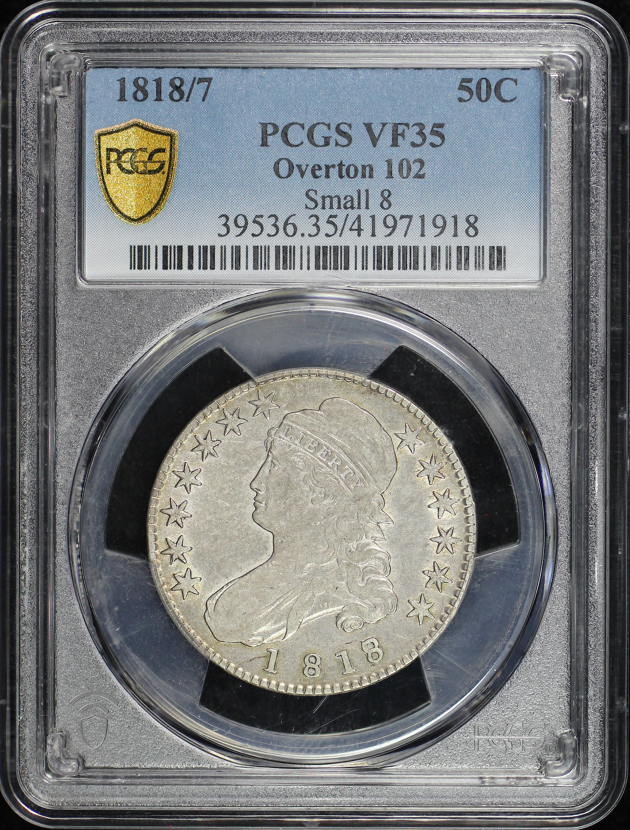 Obverse of this 1818/7 Capped Bust Half Dollar Overton 102 Small 8 PCGS VF-35