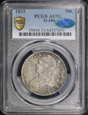 Obverse of this 1833 Capped Bust Half Dollar O-106 PCGS AU-53 CAC