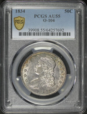 Obverse of this 1834 Capped Bust Half Dollar O-104 PCGS AU-55