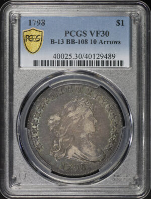 Obverse of this 1798 Draped Bust Dollar B-13, BB-108 & 10 Arrows PCGS VF-30