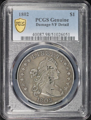 Obverse of this 1802 Draped Bust Dollar PCGS VF Details Damage (“JWF” Counterstamp)