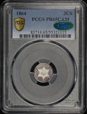 Obverse of this 1864 Three Cent Silver PCGS PR-65 Cameo CAC