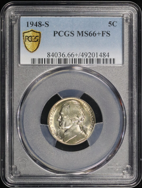 Obverse of this 1948-S Jefferson Nickel PCGS MS-66+ FS