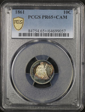 Obverse of this 1861 Liberty Seated Dime PCGS PR-65+ CAM Rainbow Toning