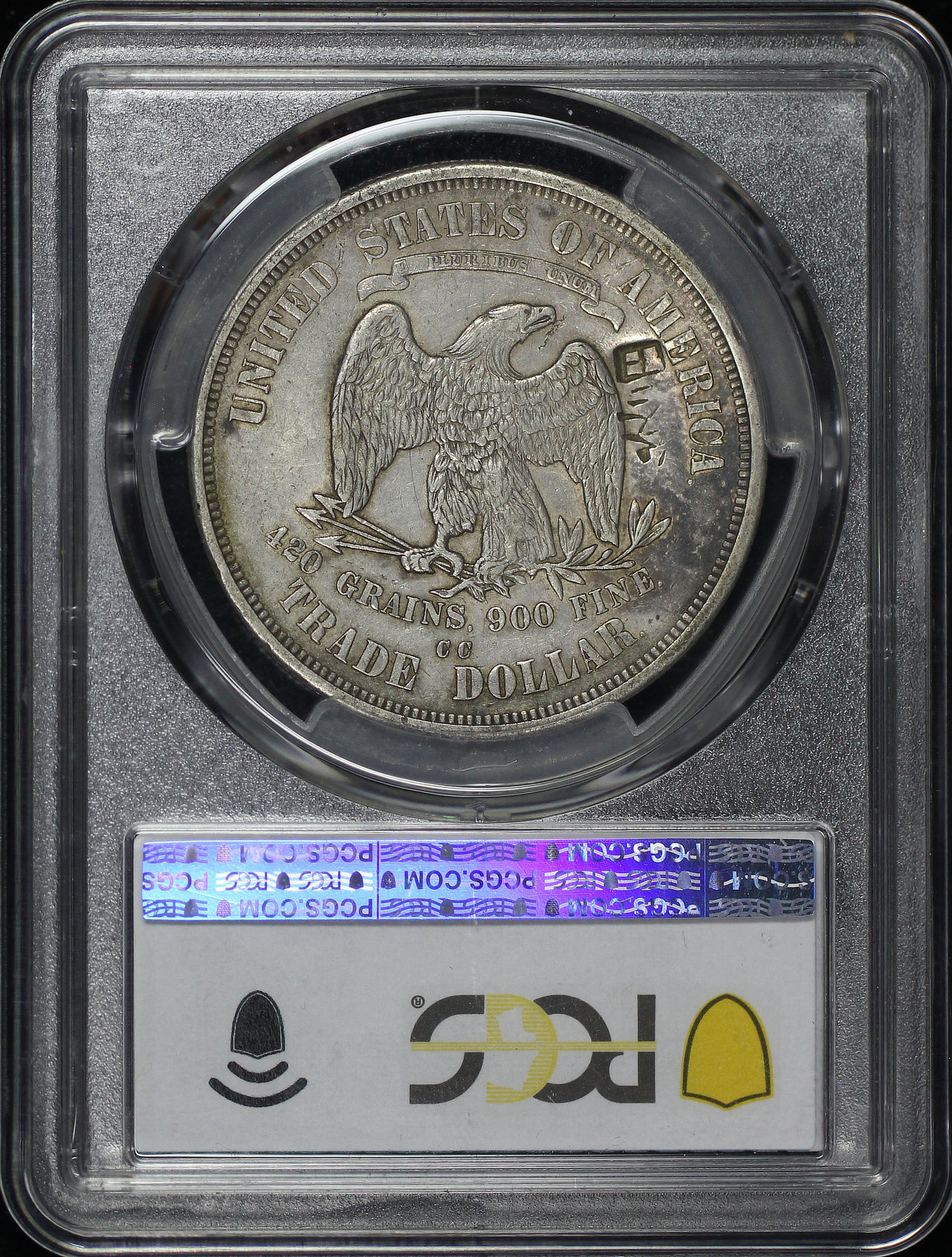 Reverse of this 1874-CC Trade Dollar Chopmarked PCGS XF-45