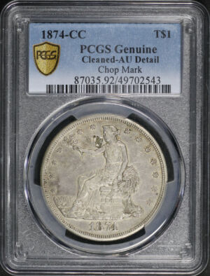 Obverse of this 1874-CC Trade Dollar Chopmarked PCGS AU Details Cleaned