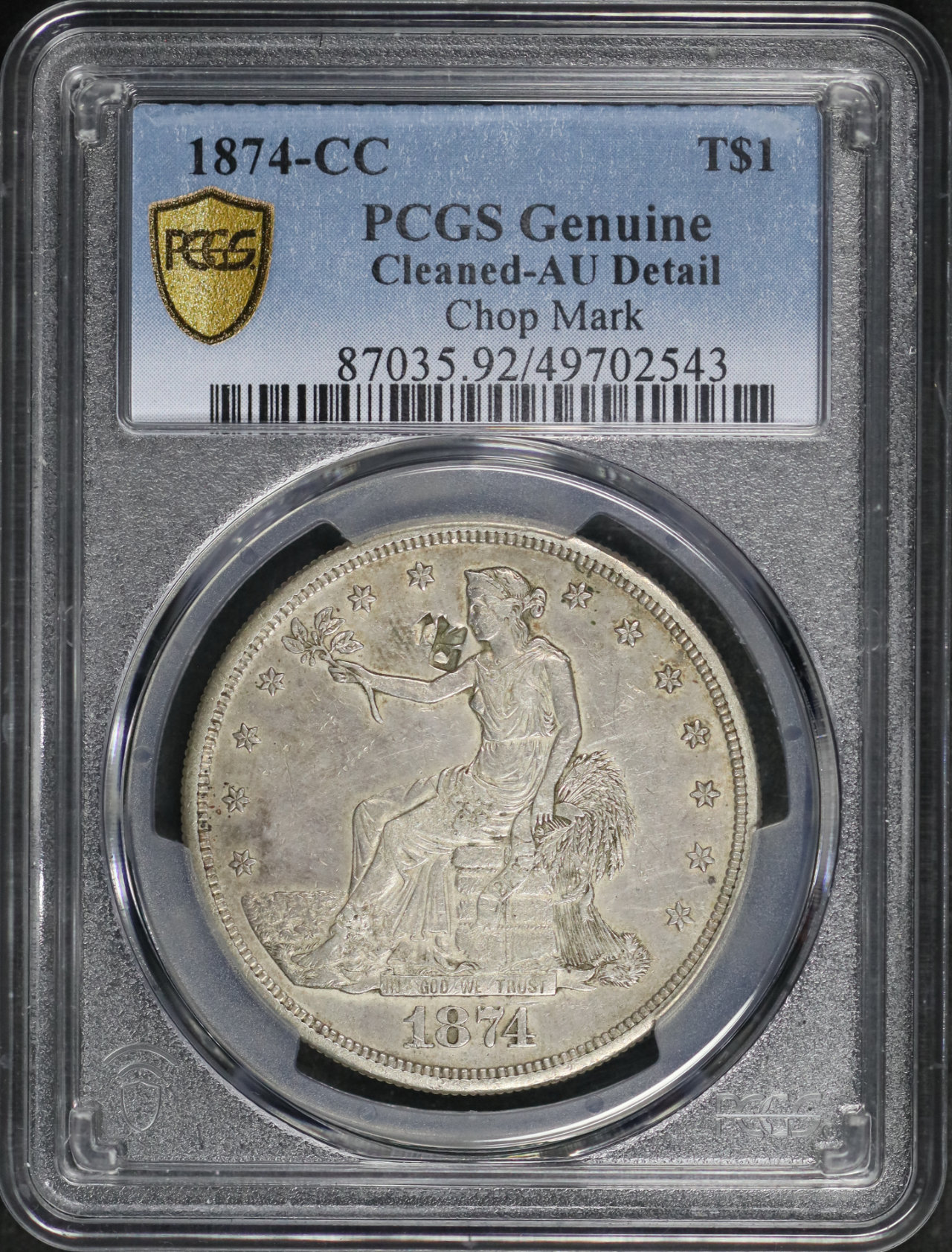 Obverse of this 1874-CC Trade Dollar Chopmarked PCGS AU Details Cleaned