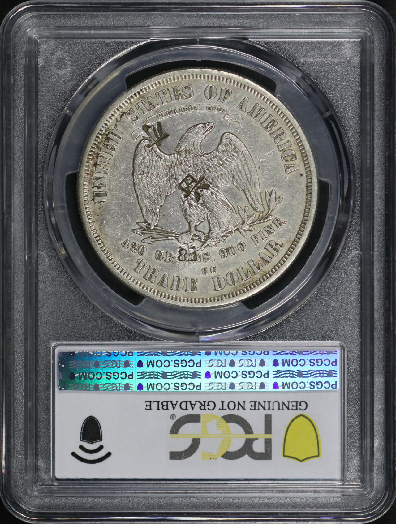 Reverse of this 1874-CC Trade Dollar Chopmarked PCGS AU-92