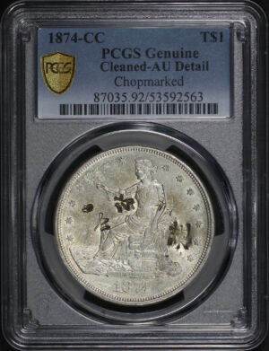 Obverse of this 1874-CC Trade Dollar Chopmarked PCGS AU Details Cleaned 