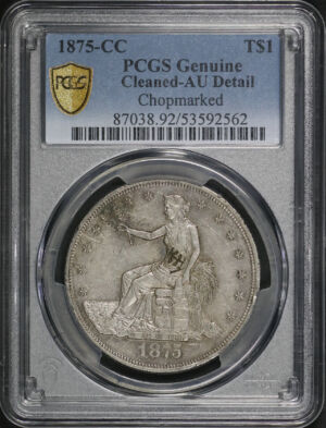 Obverse of this 1875-CC Trade Dollar ChopMark PCGS AU Cleaned Details Cleaned 