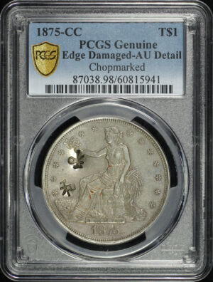 Obverse of this 1875-CC Trade Dollar Chop Mark PCGS AU Details Edge Damaged