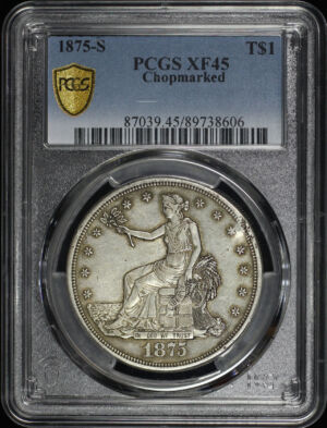 Obverse of this 1875-S Trade Dollar Chopmarked PCGS XF-45