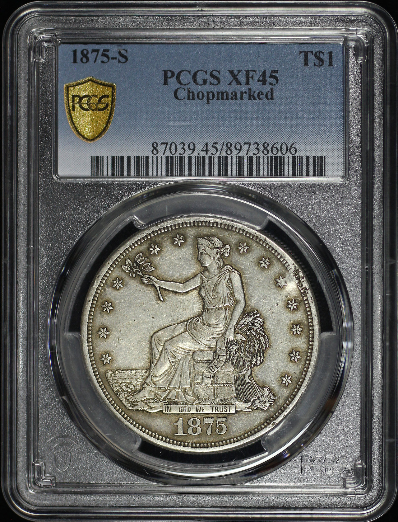 Obverse of this 1875-S Trade Dollar Chopmarked PCGS XF-45