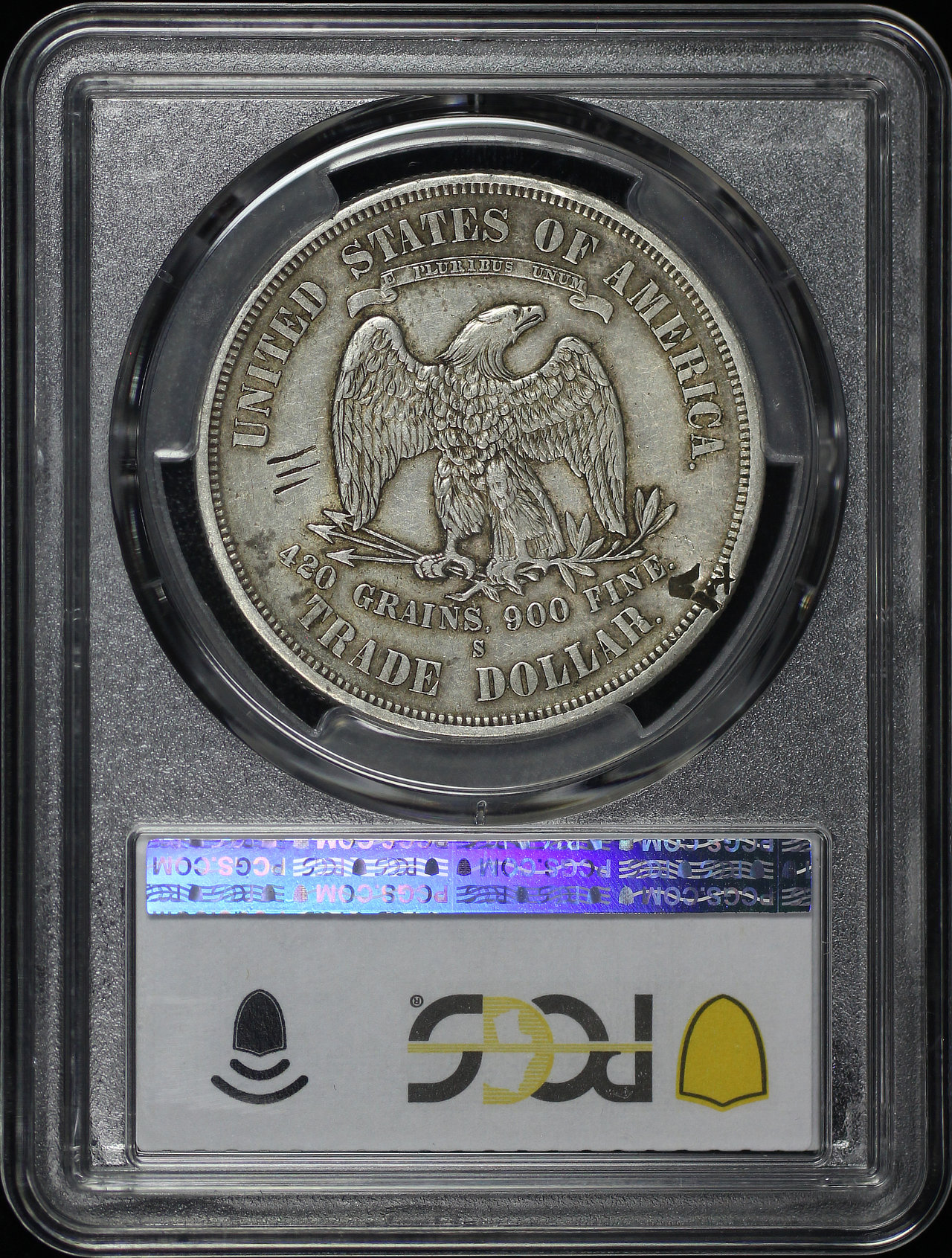 Reverse of this 1875-S Trade Dollar Chopmarked PCGS XF-45