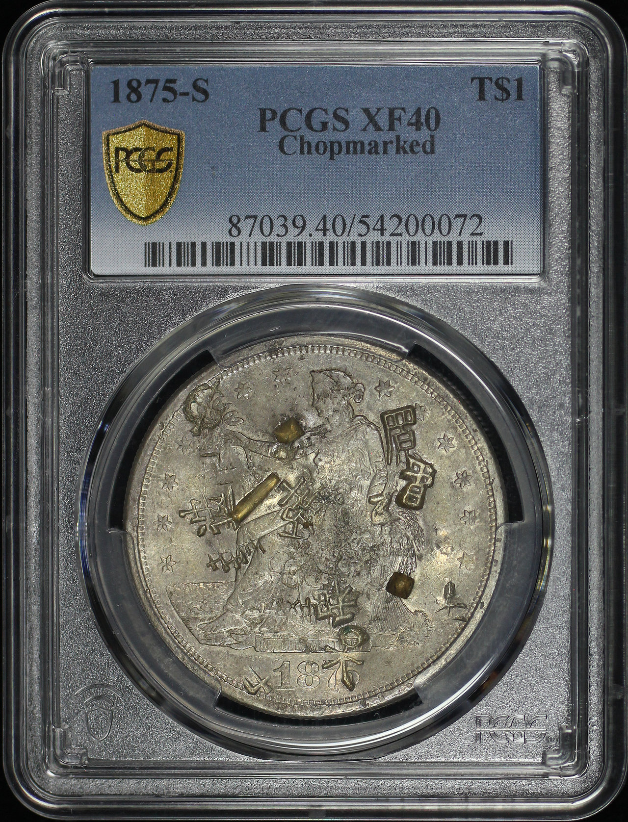 Obverse of this 1875-S Trade Dollar Chopmarked PCGS XF-40