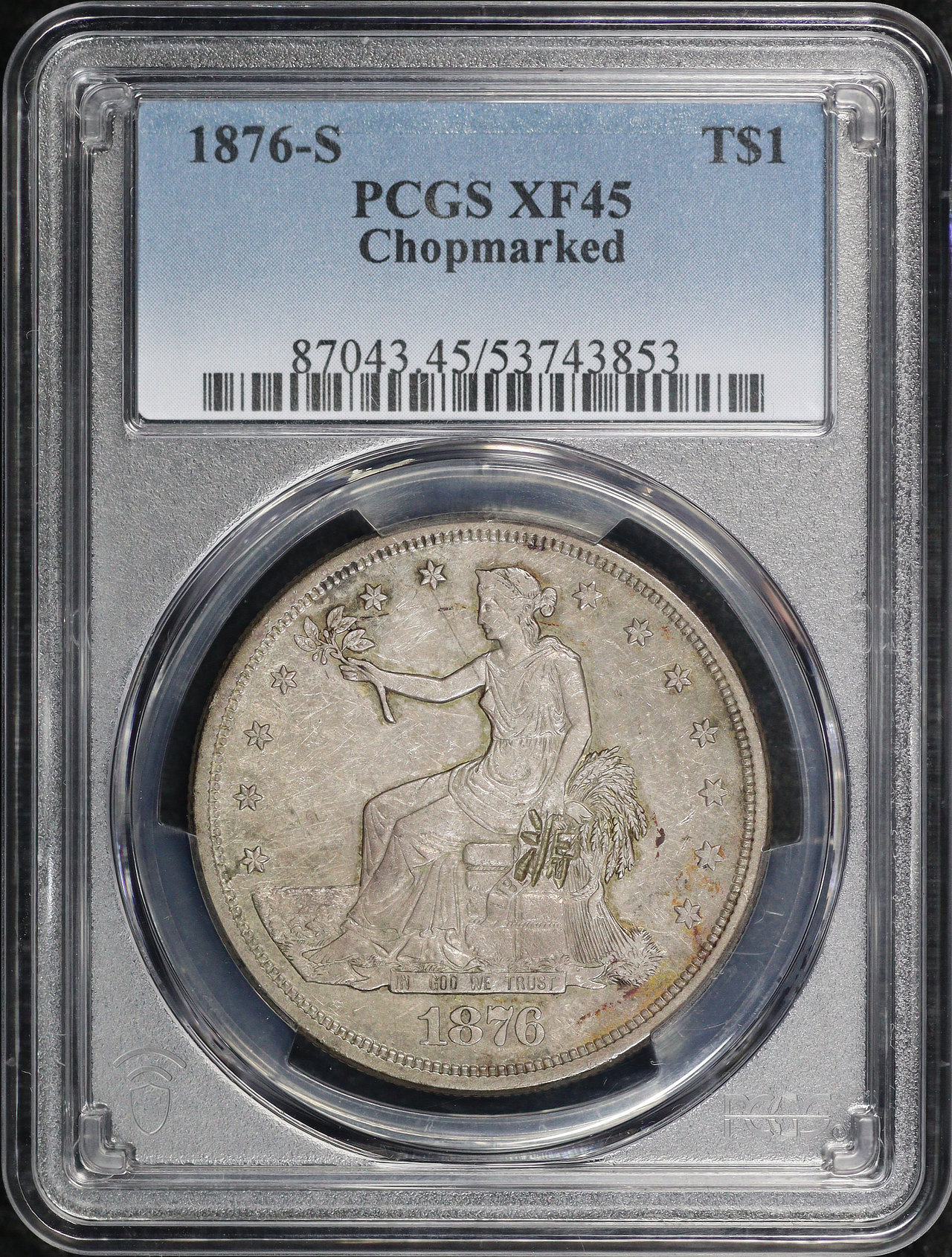Obverse of this 1876-S Trade Dollar PCGS XF-45 Chopmarked