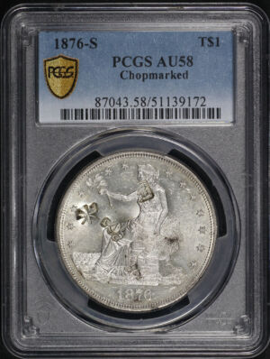 Obverse of this 1876-S Trade Dollar Chop Mark PCGS AU-58 Chopmarked