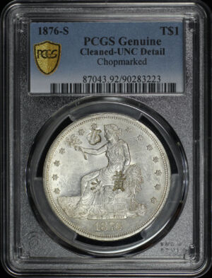 Obverse of this 1876-S Trade Dollar Chopmarked PCGS UNC Details Cleaned