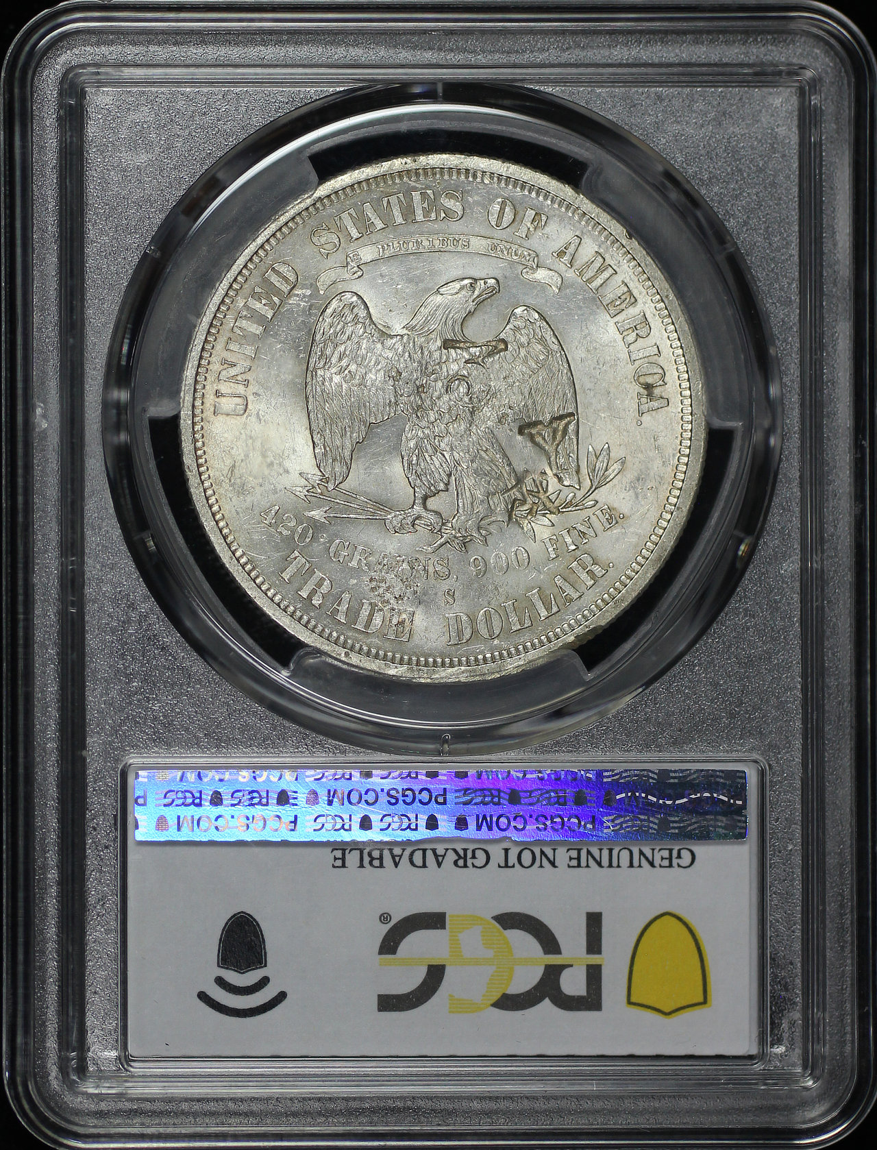 Reverse of this 1876-S Trade Dollar Chopmarked PCGS UNC Details Cleaned